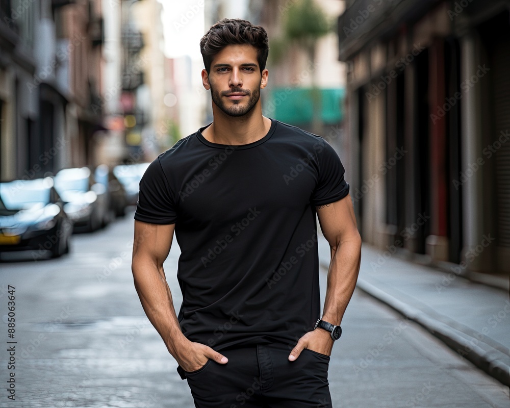 Male latin model in a classic black cotton t-shirt on a city street Male latin model in a classic black cotton t-shirt on a city street