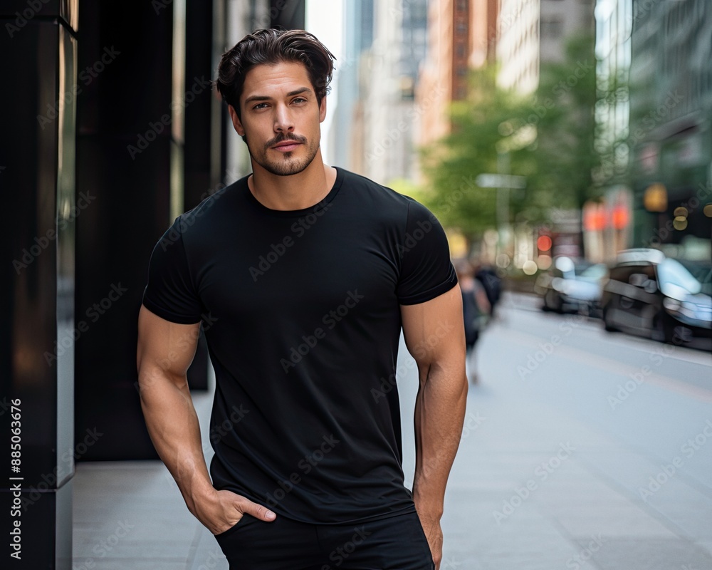 Male latin model in a classic black cotton t-shirt on a city street Male latin model in a classic black cotton t-shirt on a city street