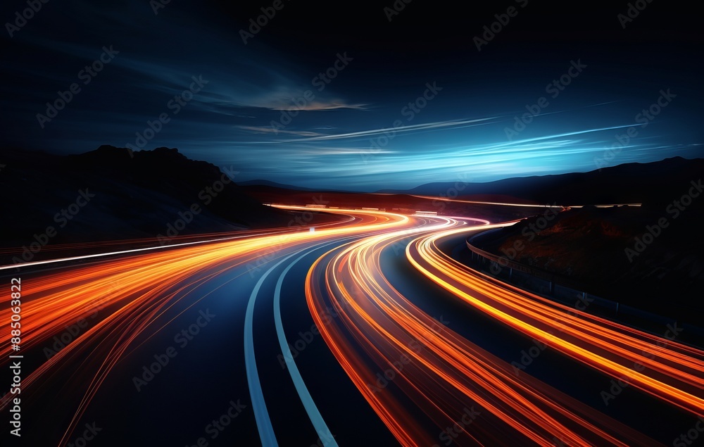 Abstract scene of speed motion on the road at night in the mountains Abstract scene of speed motion on the road at night in the mountains