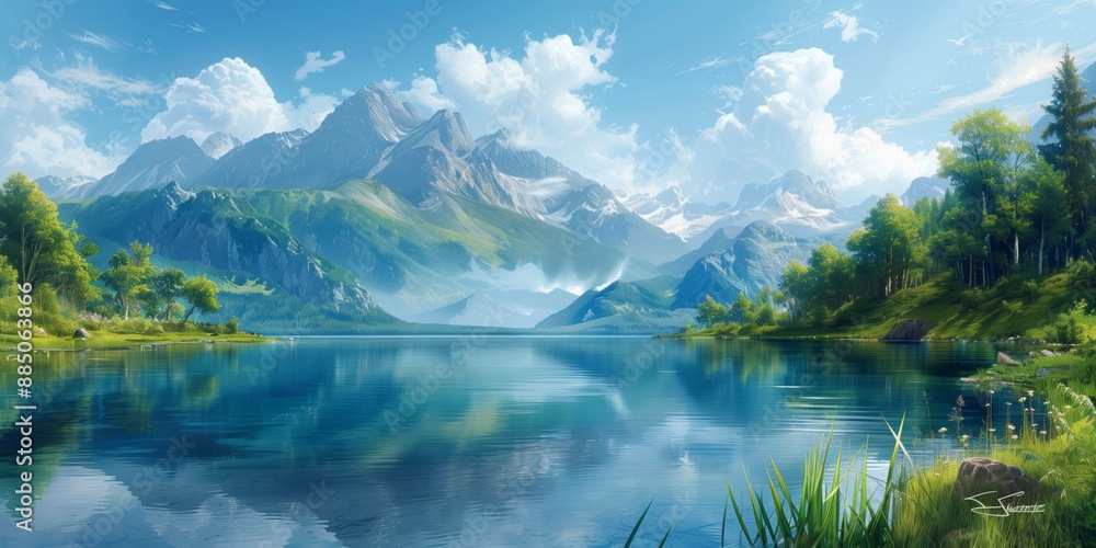 Naklejka premium Tranquil Forest Lake with Wooden Pier and Sunlight Filtering through Lush Green Canopy, Capturing the Peaceful Atmosphere of a Serene Morning in Nature for High-Resolution Stock Photography