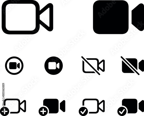 Set of Video call icons. Video conference call tick, add, cancel, checkmark in fill. Collections buttons of on-line video chat app, internet talk. Video conferencing and online meeting workspace