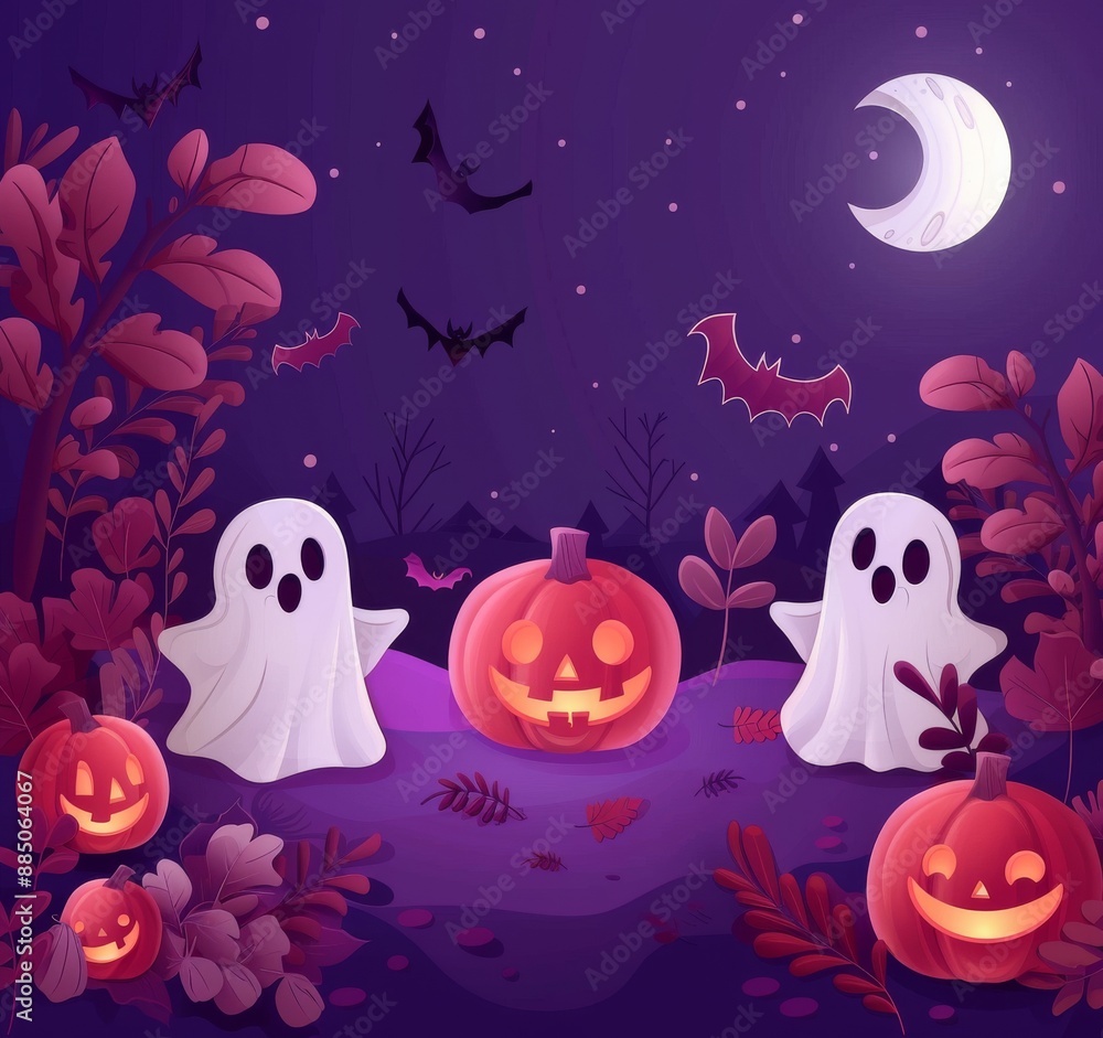 illustration of cartoon cute pumpkins, moon and ghost on purple background for Halloween festival design. illustration of cartoon cute pumpkins, moon and ghost on purple background for Halloween festival design.