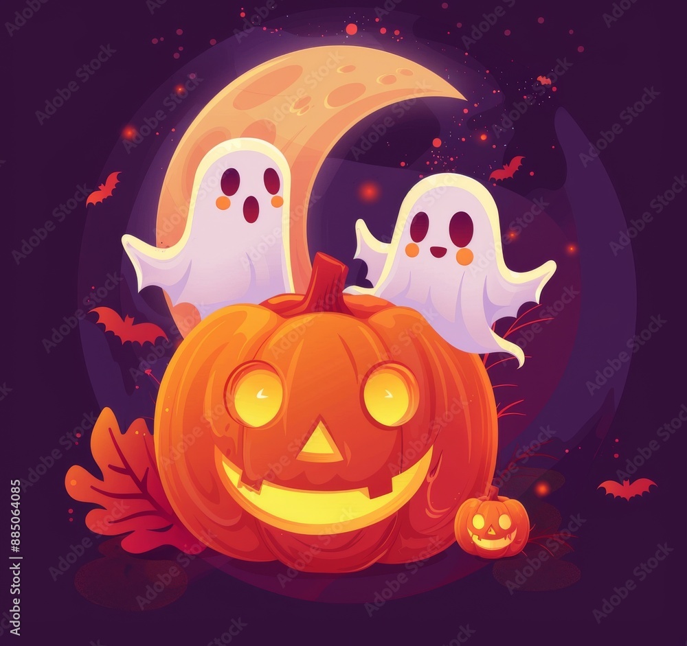 Fototapeta premium illustration of cartoon cute pumpkins, moon and ghost on purple background for Halloween festival design.