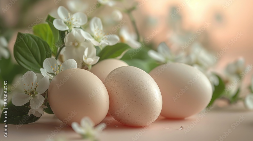 Chicken Eggs on Soft-Colored Background with Branches and Leaves, Natural Beauty Chicken Eggs on Soft-Colored Background with Branches and Leaves, Natural Beauty