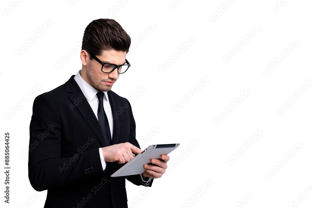 Portrait of nice imposing classy attractive professional candid expert guy tap new digital ebook surfing web post smm necktie white collar analyse isolated over light gray background Portrait of nice imposing classy attractive professional candid expert guy tap new digital ebook surfing web post smm necktie white collar analyse isolated over light gray background