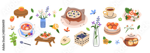 Countryside cottagecore natural elements set. Country food, flowers in vase, fruits, tea cup, summer berries, pie in cozy village style. Flat graphic vector illustration isolated on white background