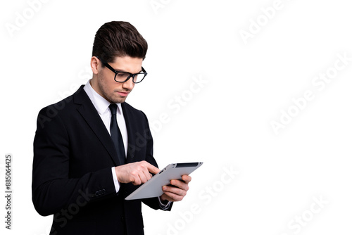 Fotografía Portrait of nice imposing classy attractive professional candid expert guy tap n