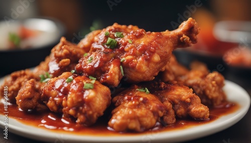 Chicken fried in spicy sauce in korean style