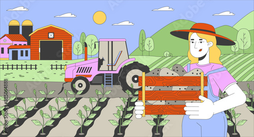 Caucasian woman working at farm cartoon flat illustration. European female farmer in field 2D line character colorful background. Agricultural business development scene vector storytelling image