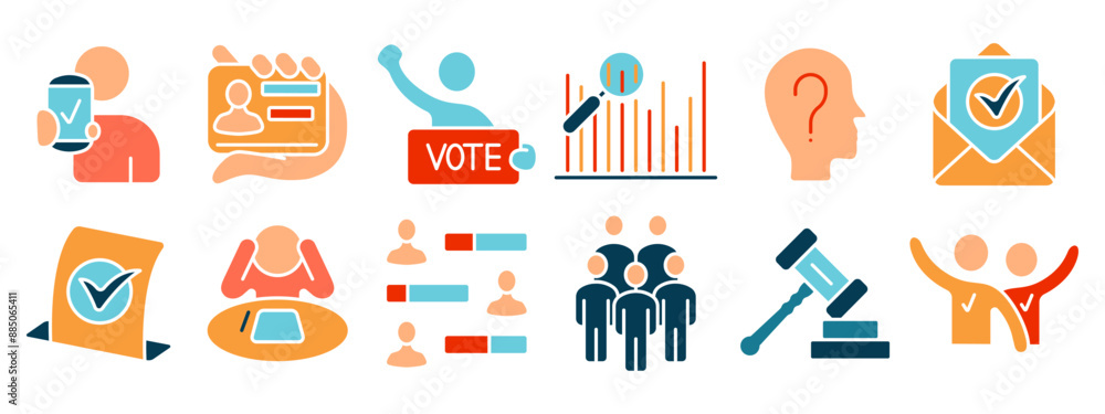 Voting set icon. Mobile voting, voter ID, candidate, voting booth, poll analysis, voter head, election results, ballot, group, vote, law, victory. Voting set icon. Mobile voting, voter ID, candidate, voting booth, poll analysis, voter head, election results, ballot, group, vote, law, victory.