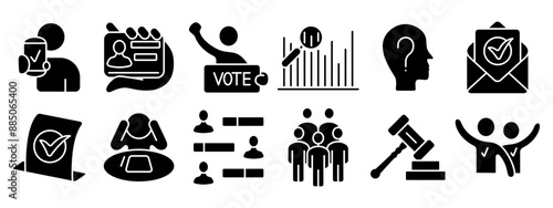 Voting set icon. Mobile voting, voter ID, candidate, voting booth, poll analysis, voter head, election results, ballot, group, vote, law, victory.