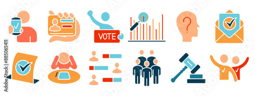 Voting set icon. Mobile voting, voter ID, candidate, voting booth, poll analysis, voter head, election results, ballot, group, vote, law, victory.