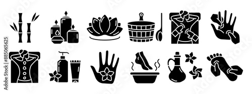 Wellness set icon. Bamboo, candles, lotus, sauna, massage, spa treatment, essential oils, reflexology, relaxation, aromatherapy, hand massage, foot care.