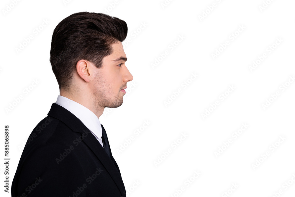 Profile side view photo of clever chief ceo executive feel independent content serious contemplation think thoughtful dream dreamy dressed fashionable blazer isolated on silver background Profile side view photo of clever chief ceo executive feel independent content serious contemplation think thoughtful dream dreamy dressed fashionable blazer isolated on silver background