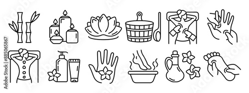 Wellness set icon. Bamboo, candles, lotus, sauna, massage, spa treatment, essential oils, reflexology, relaxation, aromatherapy, hand massage, foot care.