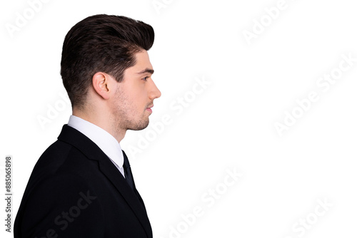 Profile side view photo of clever chief ceo executive feel independent content serious contemplation think thoughtful dream dreamy dressed fashionable blazer isolated on silver background