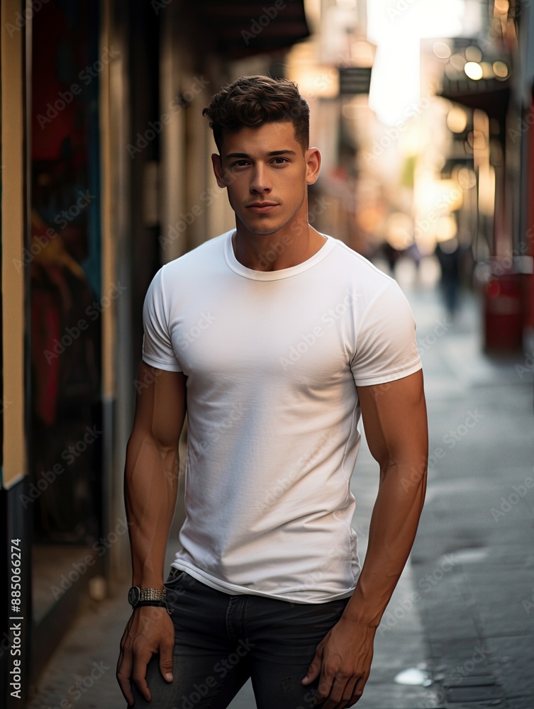 Male latin model in a classic white cotton t-shirt on a city street Male latin model in a classic white cotton t-shirt on a city street