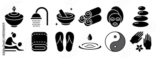 Wellness set icon. Aromatherapy, shower, bowl, towels, face mask, stones, massage, towel, flip-flops, water drop, yin-yang, hands, meditation.