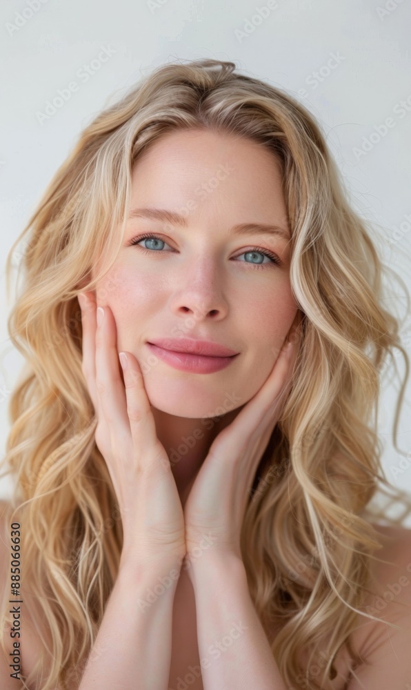 A woman with blonde, wavy hair gently touches her face, smiling softly at the camera A woman with blonde, wavy hair gently touches her face, smiling softly at the camera