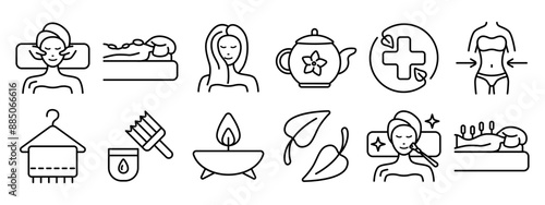 Spa set icon. Face massage, relaxation, hair care, herbal tea, wellness, towel, body brush, candle, leaves, acupuncture, skincare, weight loss.