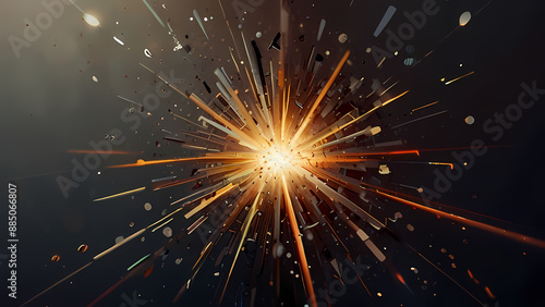 abstract background that illustrates the aftermath of an explosion, with shards of light and fragments radiating outward from a central point, using a mix of warm and cool tones