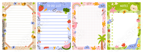 Cute planner papers set. Notebook page designs for memo notes, lists, ideas. Doodle framed backgrounds for colorful diaries, notepad in kids childish style. Printable flat vector illustration
