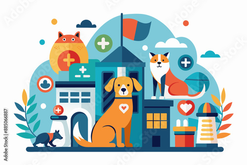 Pet Clinic with Various Animals and Buildings
