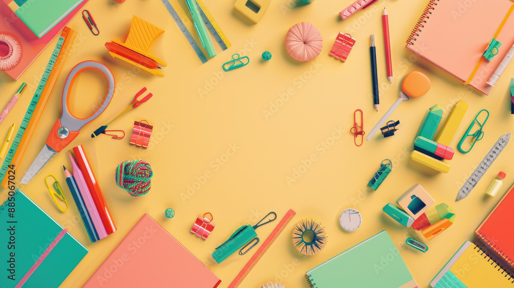 A flat lay composition of various school supplies. Empty space in the center. A flat lay composition of various school supplies. Empty space in the center.