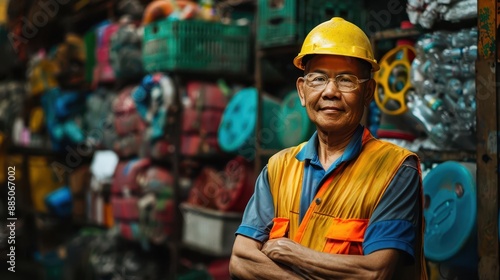 environmental portrait of recycling worker confident pose colorful sorted materials background industrial setting natural lighting