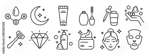 Skincare set icon. Water molecule, night care, cream, serum, face mask, razor, diamond, lotion, moisturizer, face wash, facial, beauty.