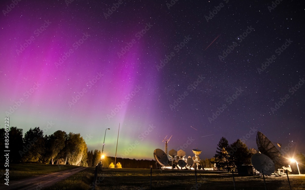 Northern Lights Aurora Borealis over Satellite Earth Stations. Magnetic Storm, Science, Solar Storm, Night Sky, Space Northern Lights Aurora Borealis over Satellite Earth Stations. Magnetic Storm, Science, Solar Storm, Night Sky, Space