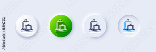 Airport baggage reclaim line icon. Neumorphic, Green gradient, 3d pin buttons. Airplane luggage lane sign. Flight checked bag symbol. Line icons. Neumorphic buttons with outline signs. Vector