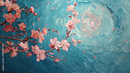 ethereal cherry blossom painting in van gogh style delicate pink petals against swirling blue background evoking springs ephemeral beauty