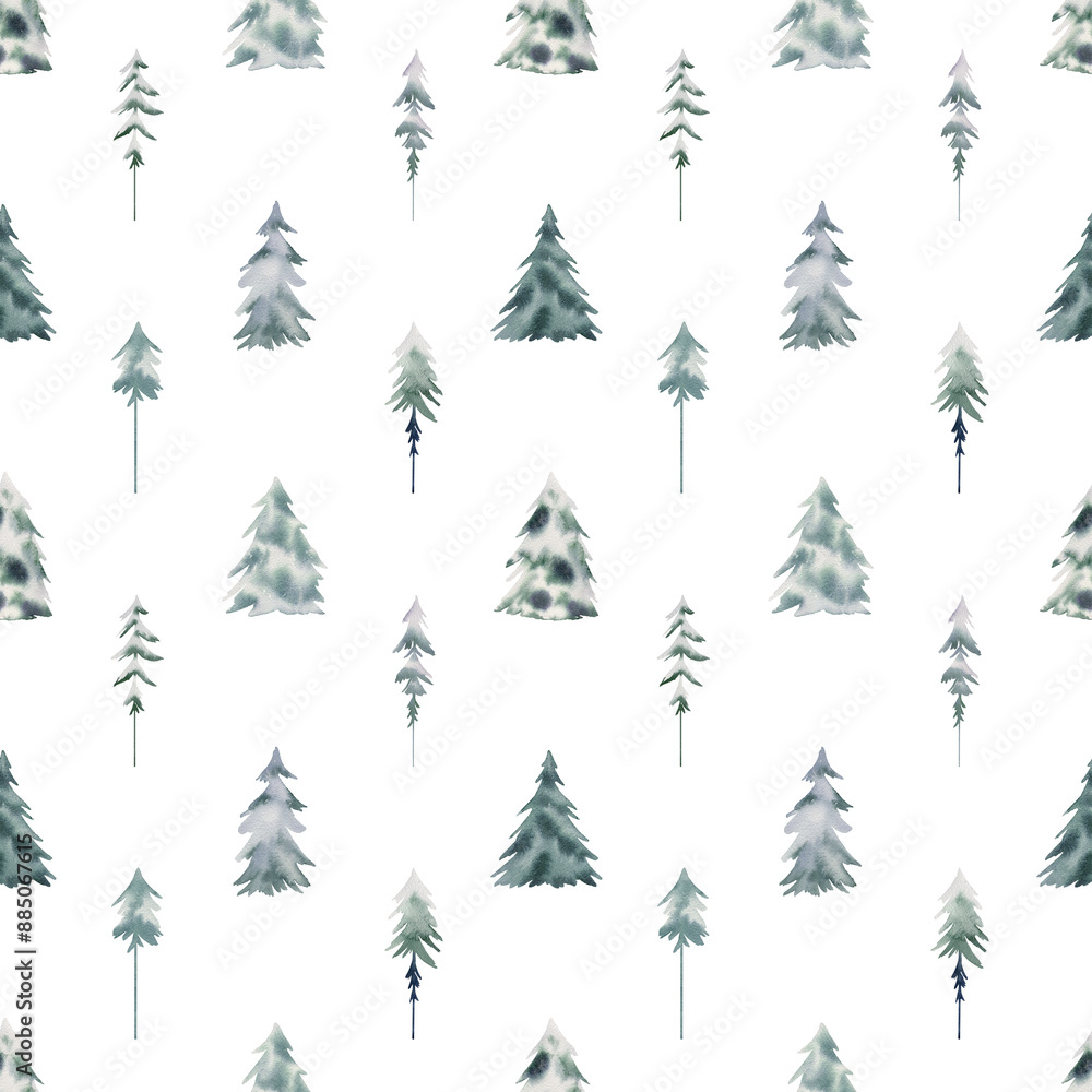 Fototapeta premium Watercolor winter seamless pattern with spruces for fabric, wrapping paper, etc.
