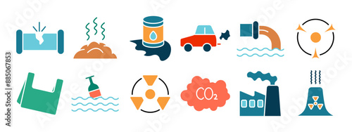 Pollution set icon. Environmental damage, air pollution, water contamination, radioactive waste, plastic waste, CO2 emissions, factory pollution, waste management.