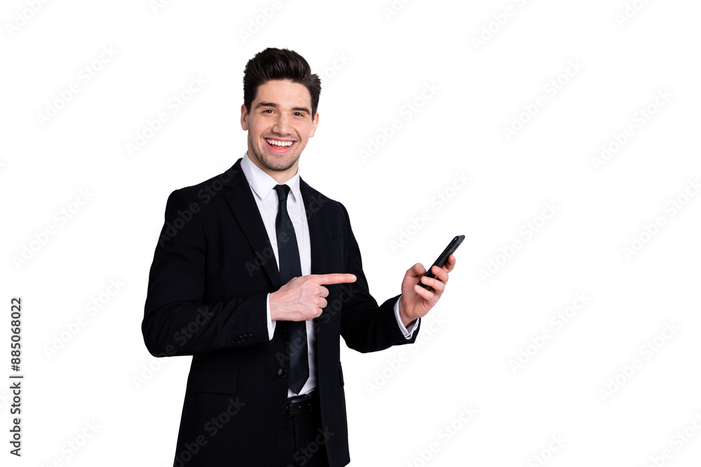 Portrait sales representative demonstrate new product option give feedback attention advice information feel excited enjoy advertising concept wear black jackets stylish isolated grey background Portrait sales representative demonstrate new product option give feedback attention advice information feel excited enjoy advertising concept wear black jackets stylish isolated grey background