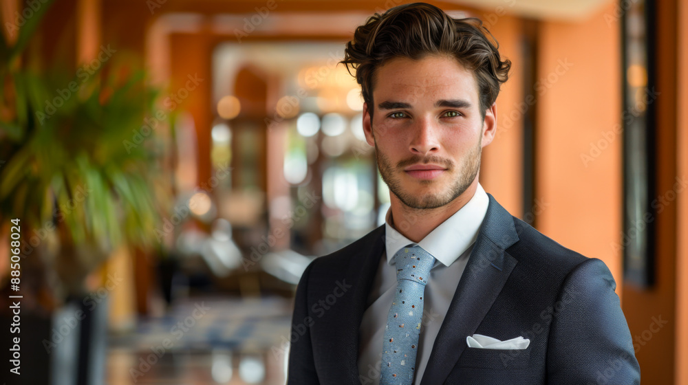 Nice looking guy in a nice suit with tie. Standing in front of a hotel. A light bright orange background Nice looking guy in a nice suit with tie. Standing in front of a hotel. A light bright orange background