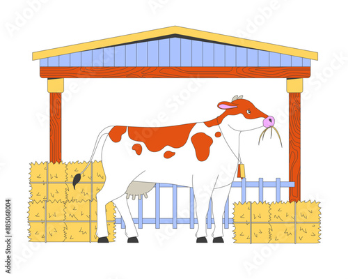 Cow eating hay in barn cartoon flat illustration. Milk farm animal with dried grass packs 2D character isolated on white background. Large cattle agricultural breeding scene vector color image