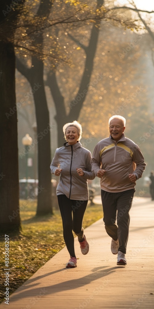 Obraz premium Senior people jogging in the park healthy lifestyle for longevity concept