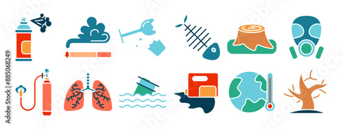 Pollution set icon. Spray can, cigarette smoke, broken glass, fishbone, tree stump, gas mask, oxygen tank, lungs, oil spill, global warming, deforestation.