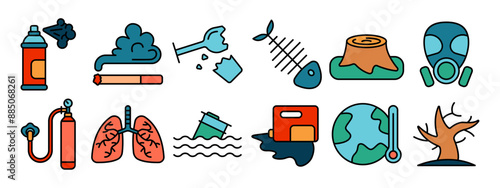 Pollution set icon. Spray can, cigarette smoke, broken glass, fishbone, tree stump, gas mask, oxygen tank, lungs, oil spill, global warming, deforestation.
