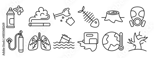 Pollution set icon. Spray can, cigarette smoke, broken glass, fishbone, tree stump, gas mask, oxygen tank, lungs, oil spill, global warming, deforestation.