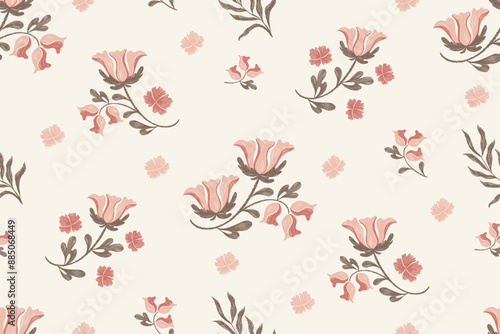 Pink flowers pattern vintage wallpaper motif flower border. Pink floral art and craft  seamless design embroidery Ikat textured hand drawn vector illustration.