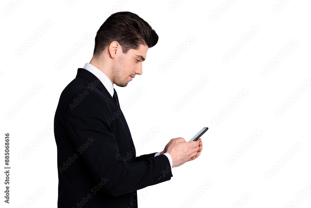 Profile side view photo focused concentrated agent boss chef have communication conversation arrange meetings colleagues clients search information wear classic outfit isolated silver background Profile side view photo focused concentrated agent boss chef have communication conversation arrange meetings colleagues clients search information wear classic outfit isolated silver background