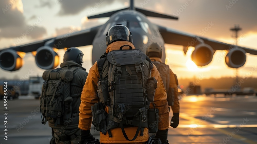 Diverse protective vests gather for a photo op in front of a massive cargo plane. Diverse protective vests gather for a photo op in front of a massive cargo plane.