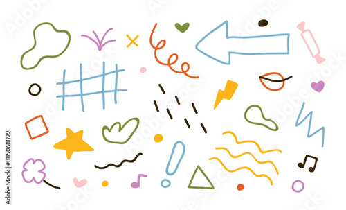 Doodle scribble abstract elements, simple shapes, sketchy lines set. Cute clip art bundle. Creative drawings, hand drawn quirky sketches. Colored flat vector illustration isolated on white background