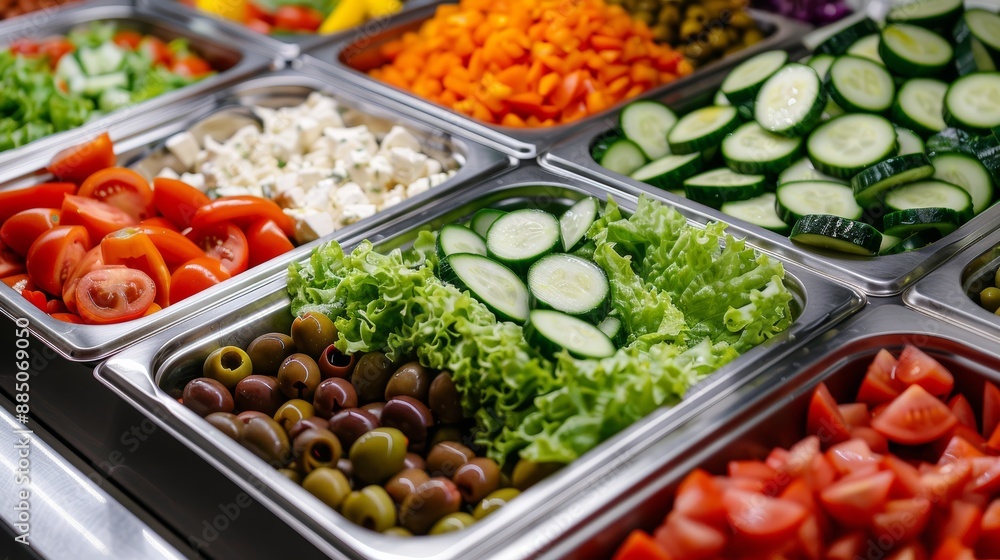 Close-up of a diverse salad buffet showcasing crisp lettuce, juicy tomatoes, cucumbers, olives, and a variety of dressings, perfect for event planning, focus cover all object Close-up of a diverse salad buffet showcasing crisp lettuce, juicy tomatoes, cucumbers, olives, and a variety of dressings, perfect for event planning, focus cover all object