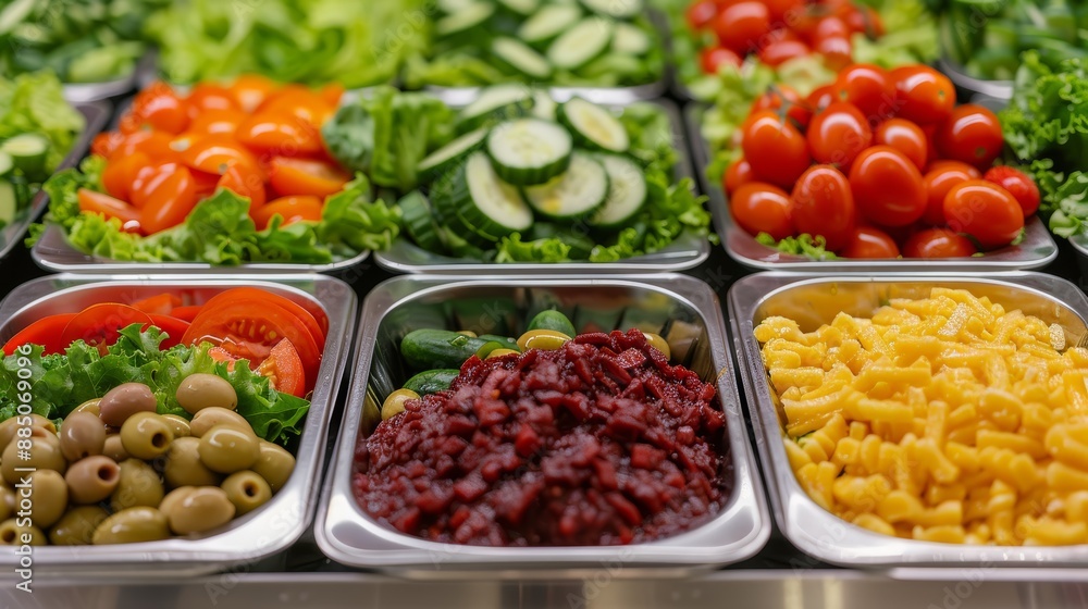 Close-up of a diverse salad buffet showcasing crisp lettuce, juicy tomatoes, cucumbers, olives, and a variety of dressings, perfect for event planning, focus cover all object Close-up of a diverse salad buffet showcasing crisp lettuce, juicy tomatoes, cucumbers, olives, and a variety of dressings, perfect for event planning, focus cover all object