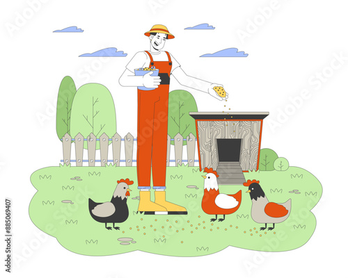 Asian man feeding chickens cartoon flat illustration. Cheerful japanese male farmer taking care of farm birds 2D character isolated on white background. Agriculture scene vector color image