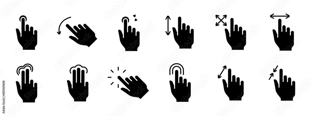 Fototapeta premium Touch pad icon. Index finger, doubleclick, decrease, increase, turn, rotation, approximation, press, Scrolling, click, arrow, sensor, turn. Zoom in, move, response time, x2